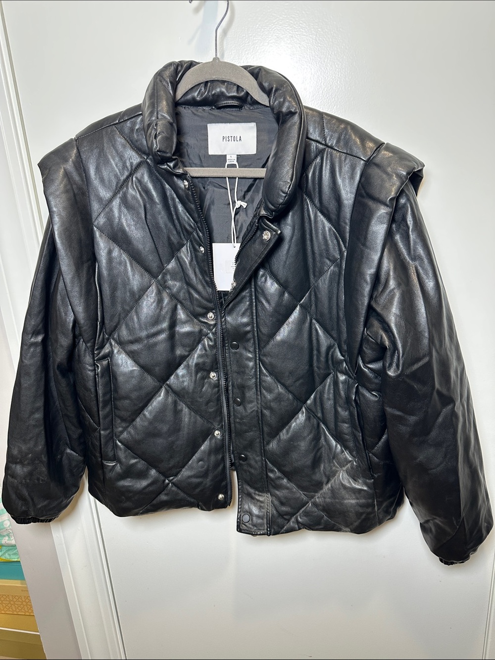 pistola Black Quilted Faux Leather Puffer Jacket sleeves detachable (05)